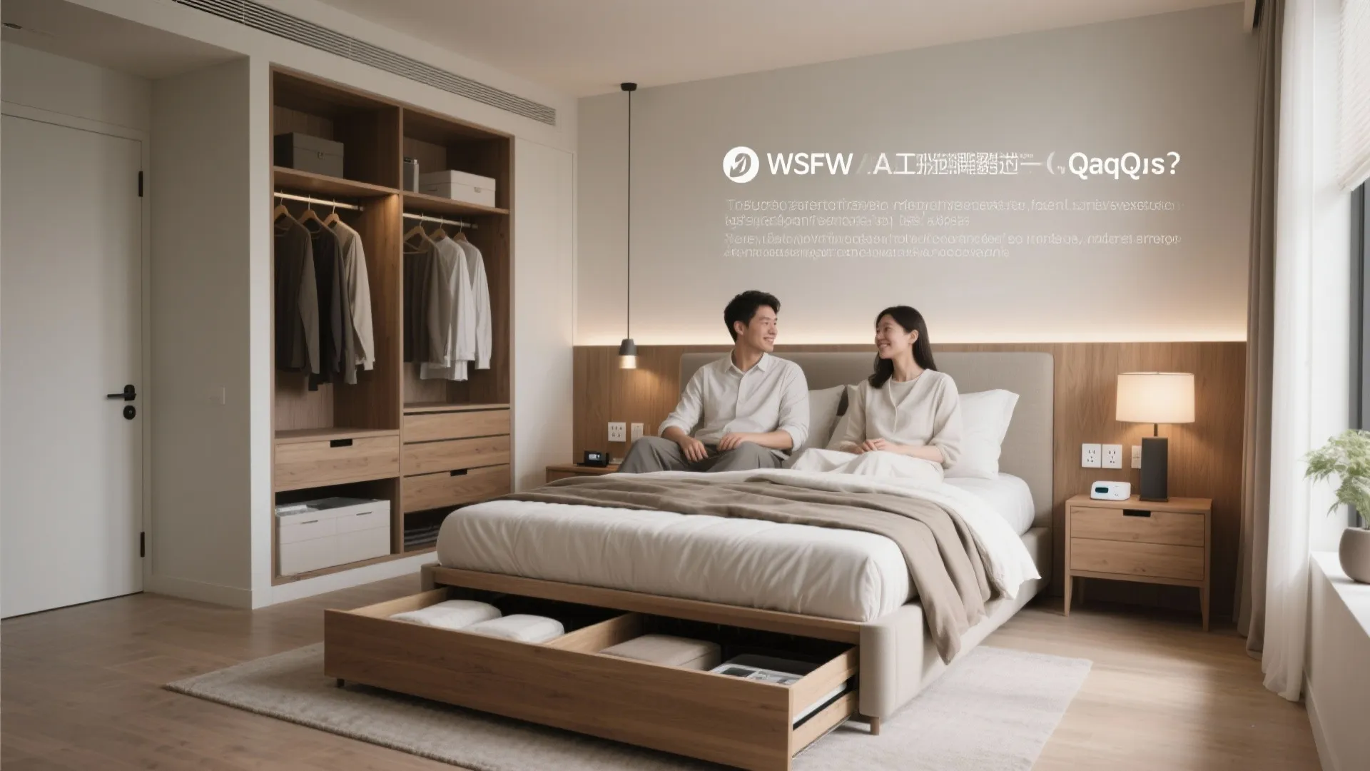 Couple sitting on bed with storage drawers near open wooden wardrobe and simple light fixtures setup