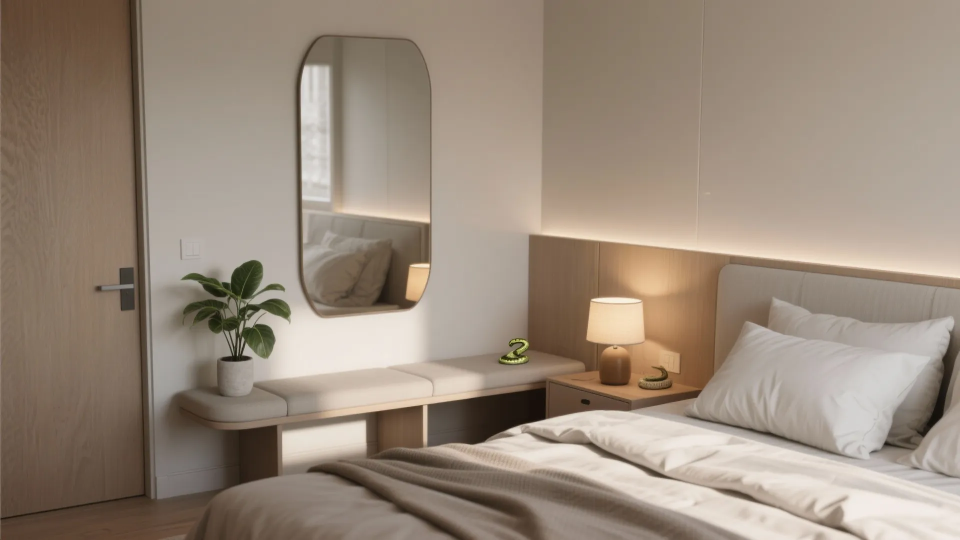Modern minimal bedroom with white bed and wooden bench and mirror and small green plant