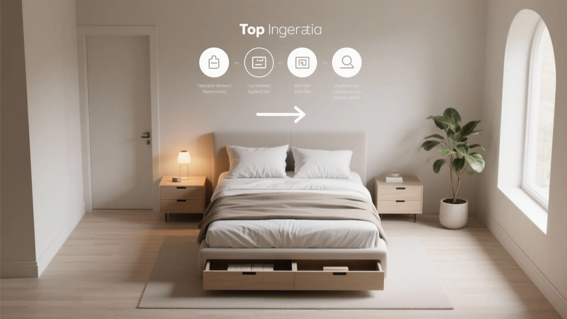 Modern bedroom interior design drawing with storage bed drawers and four step process icons overlay