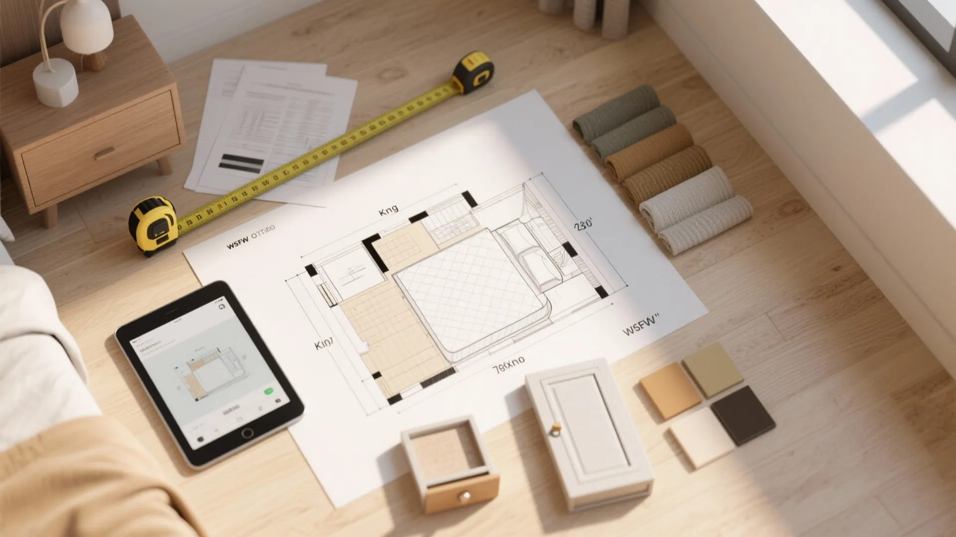 Bedroom floor plan on floor with tablet measuring tape fabric rolls and small color samples