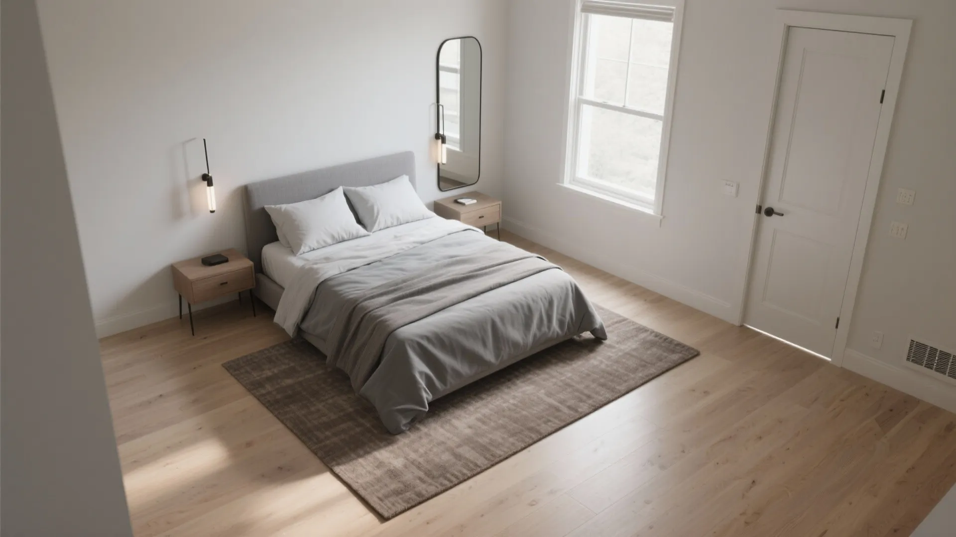 Top-down layout of a small bedroom with a queen bed on a rug, slim sconces by the headboard, and a mirror opposite the window.