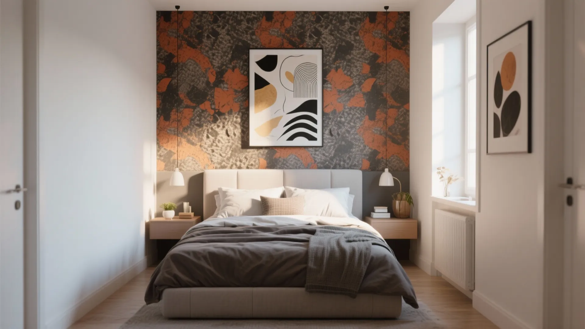 Small bedroom with a bold wallpaper feature wall behind bed