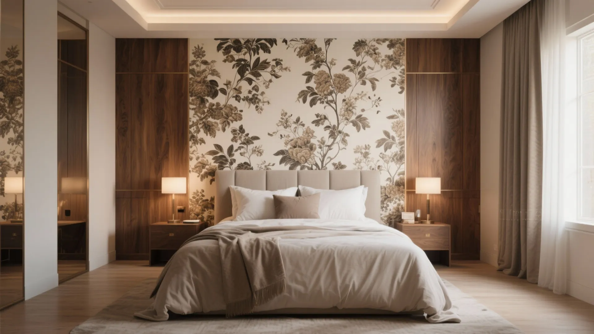 Luxurious bedroom featuring floral wallpaper wood wall panels nightstands warm light fixtures and soft curtains