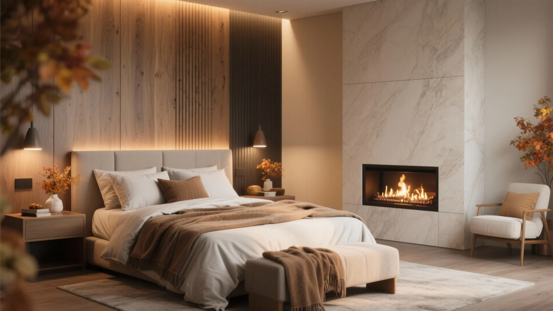 Modern bedroom with warm wood wall panels fireplace armchair beige bed and soft ambient light fixtures