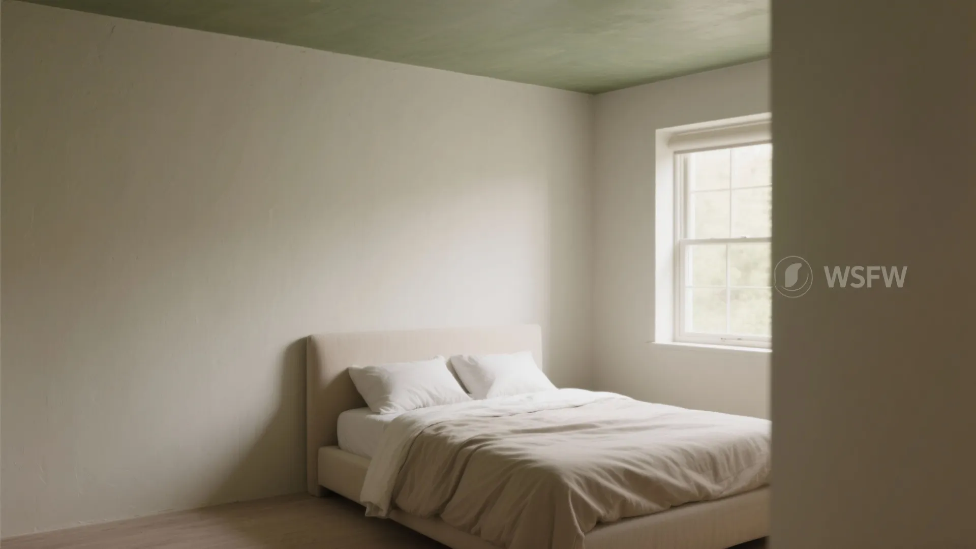 Modern bedroom with green painted ceiling beige walls white bed and natural light from window
