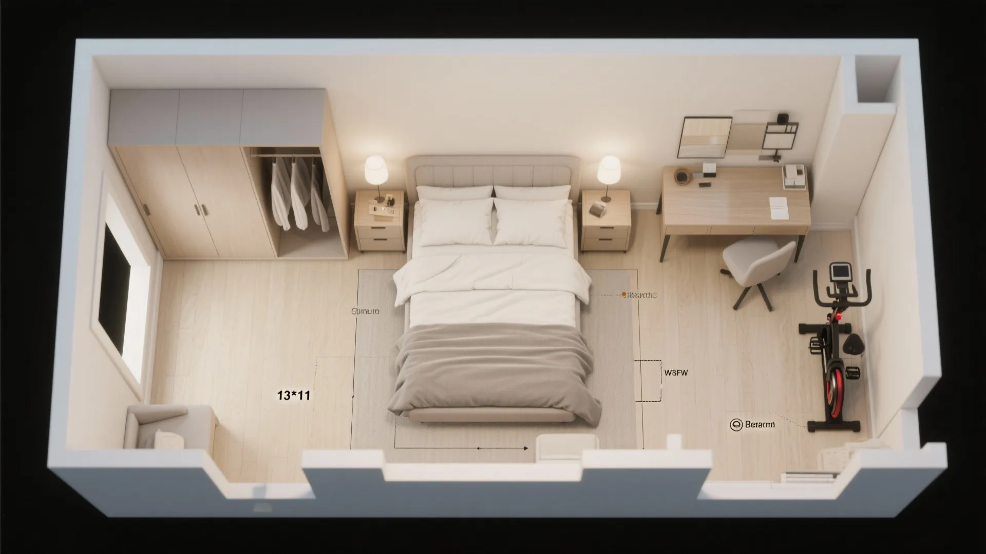 Top view bedroom interior design drawing with bed wardrobe desk chair and indoor exercise bike