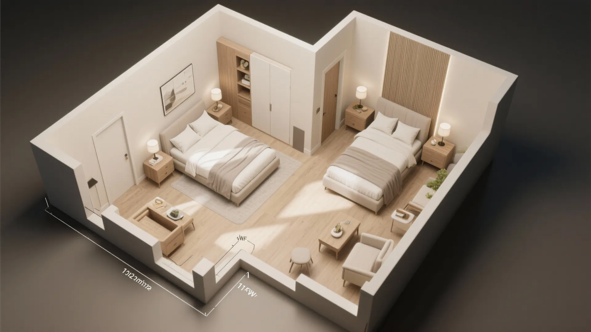 Top-down view of a scaled 11x12 bedroom floor plan with precise measurements