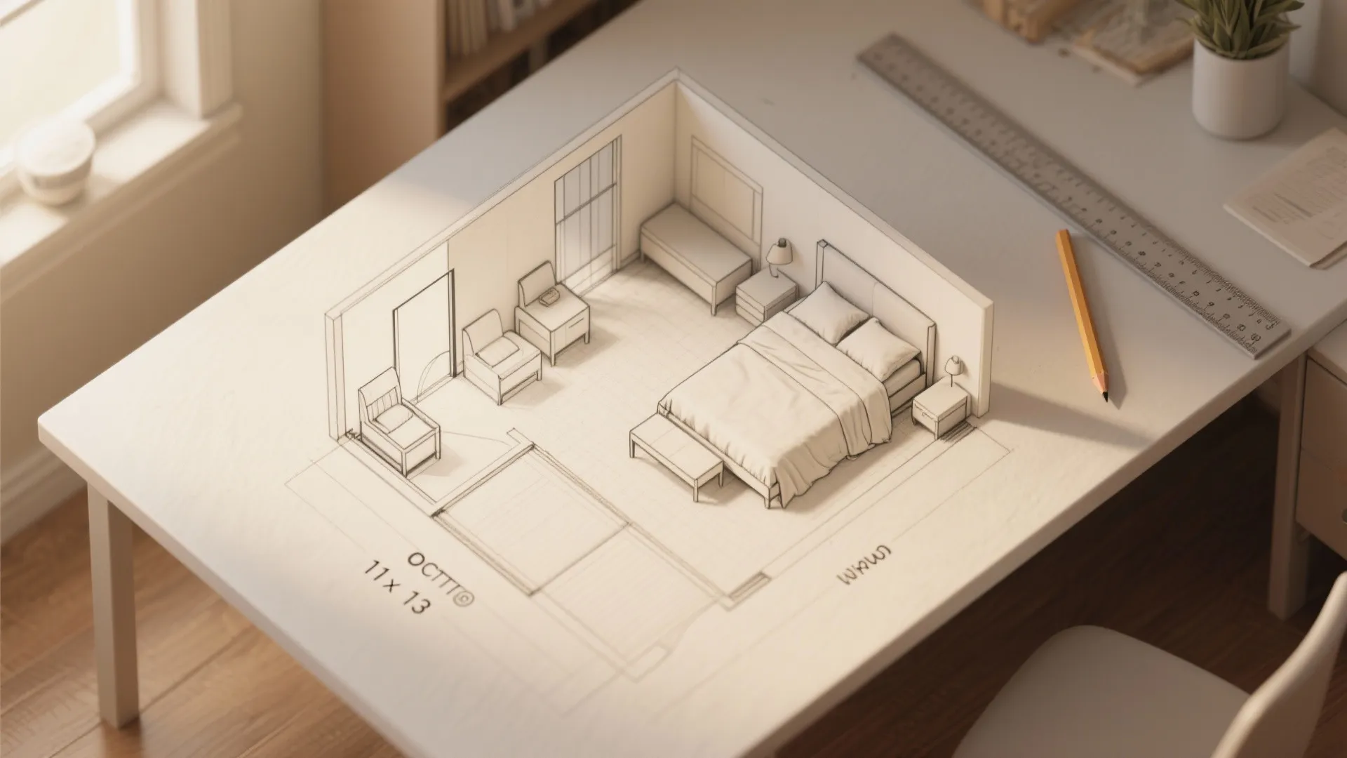 Bedroom interior design drawing showing bed and furniture on desk with a pencil and ruler