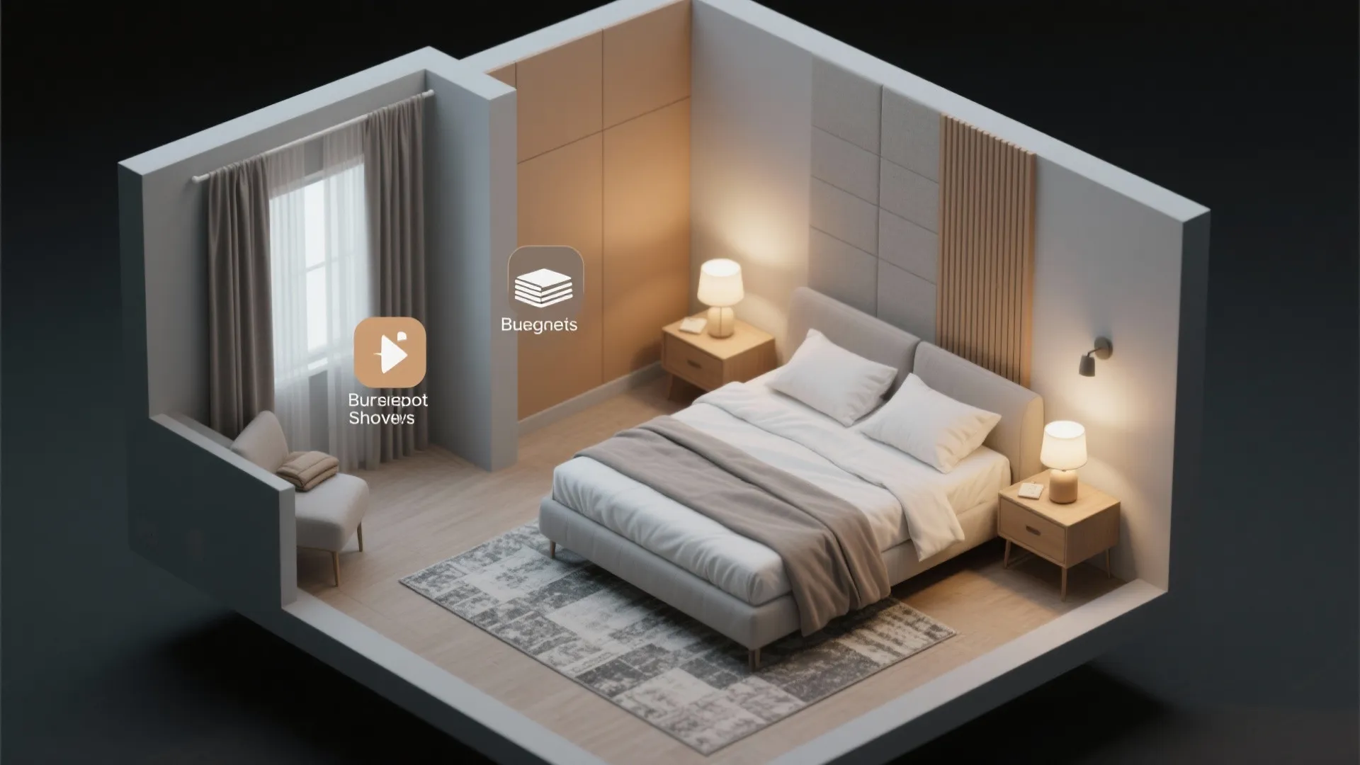 Top-down floor plan mockup showing gray and tan bedroom layout and budget swap icons