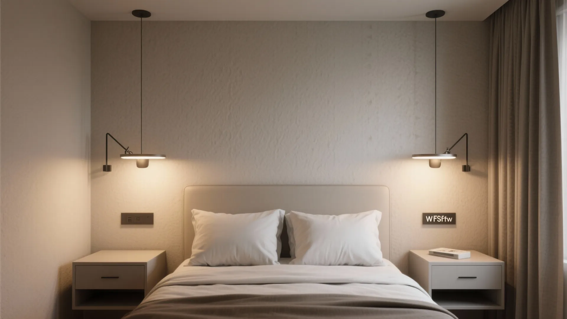 Narrow bedroom with symmetrical Flos wall lights beside the bed and minimal bedside tables
