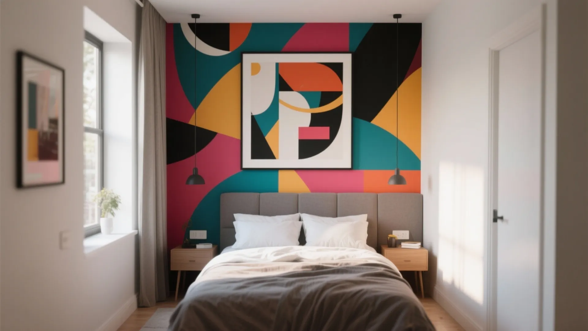 Modern bedroom featuring a colorful geometric wall pattern with framed art and grey bed with pillows