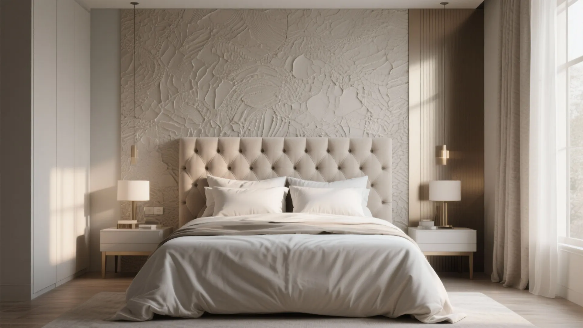 Modern bedroom with textured wall panel behind beige tufted bed and white bedside table lamps