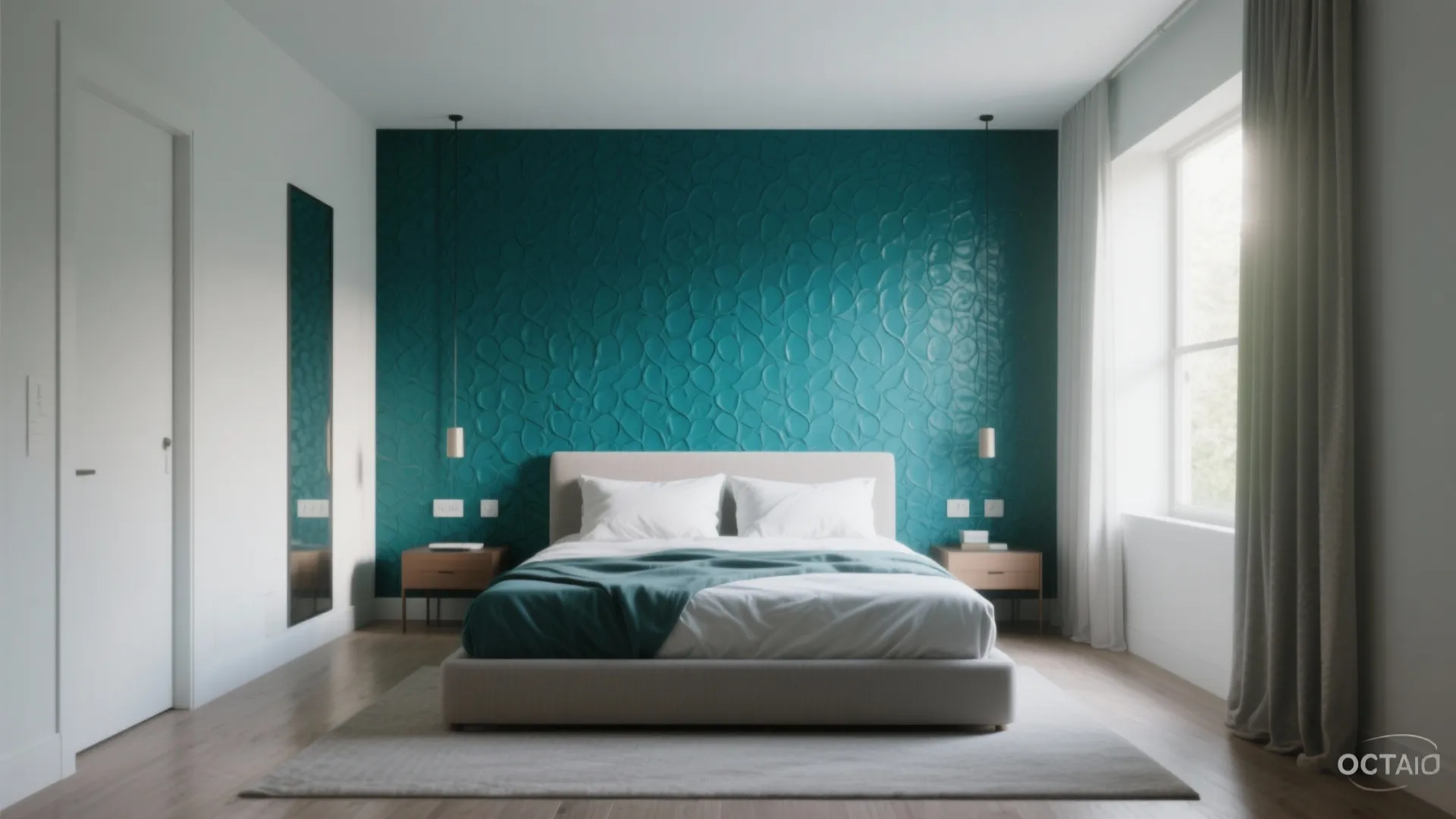 Modern bedroom featuring a dark green textured wall panel behind a white bed with window