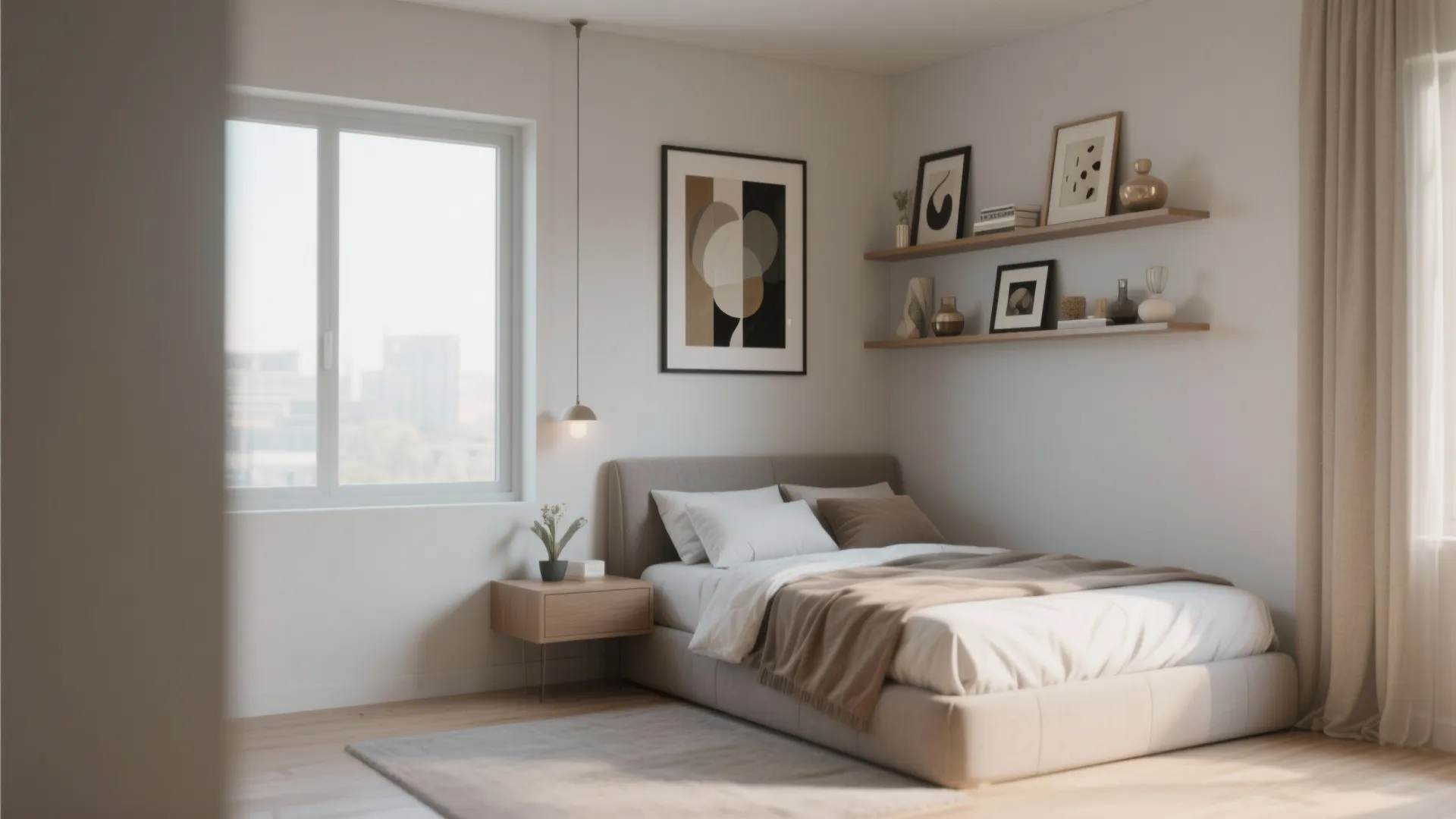 Modern bedroom with neutral bed and wall shelves holding art frames and small decorative items