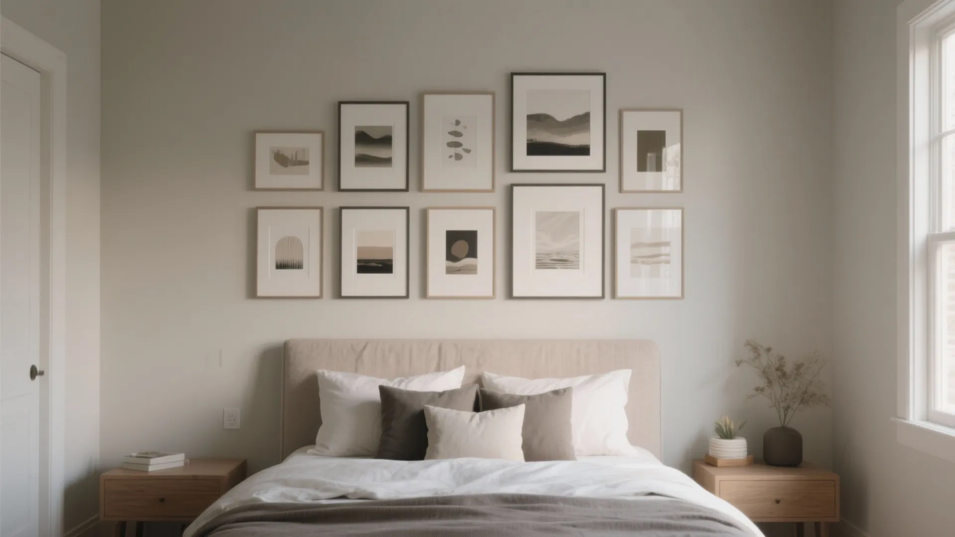 Cozy bedroom featuring a gallery wall of framed art above a bed with neutral pillows
