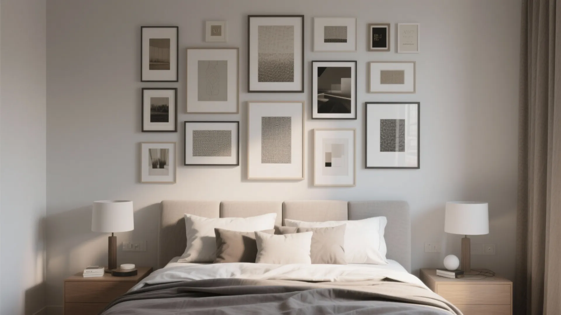 Modern bedroom with large gallery wall featuring many framed pictures above a comfortable grey bed