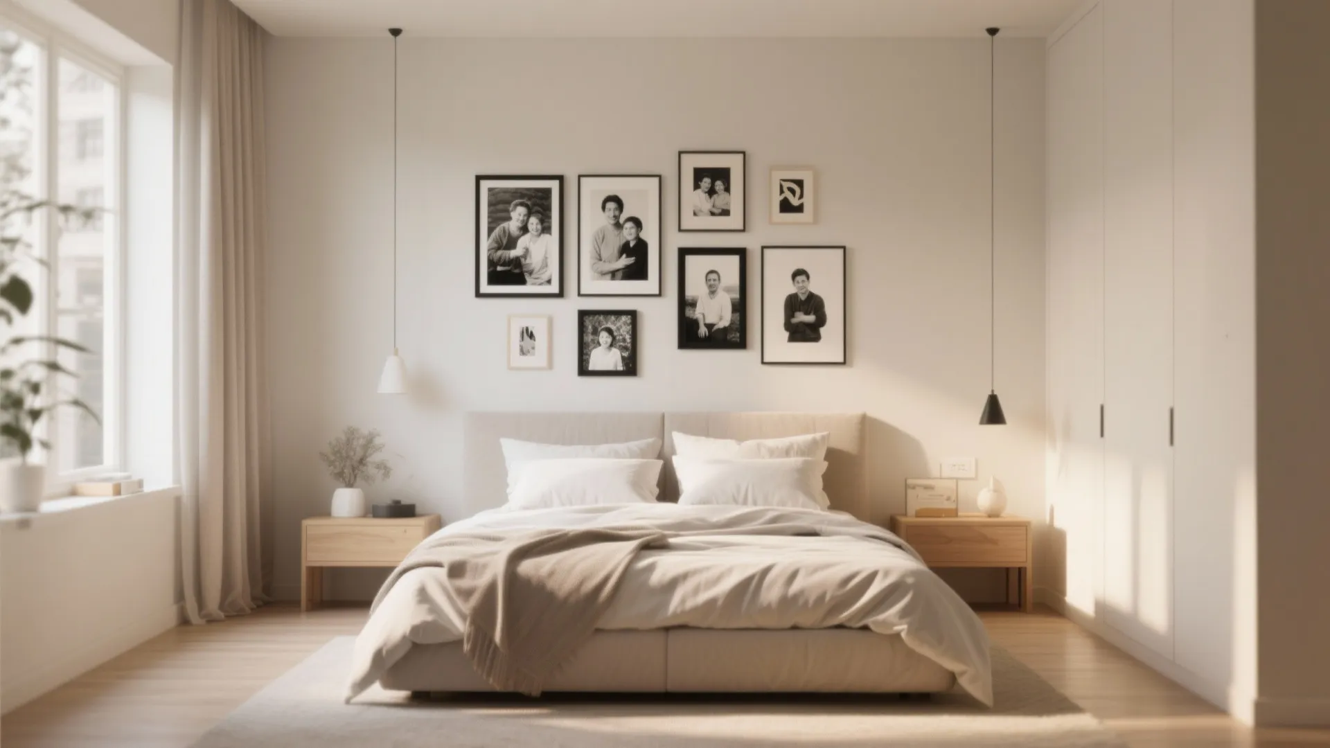 Bedroom gallery wall above the bed with family photos and art prints