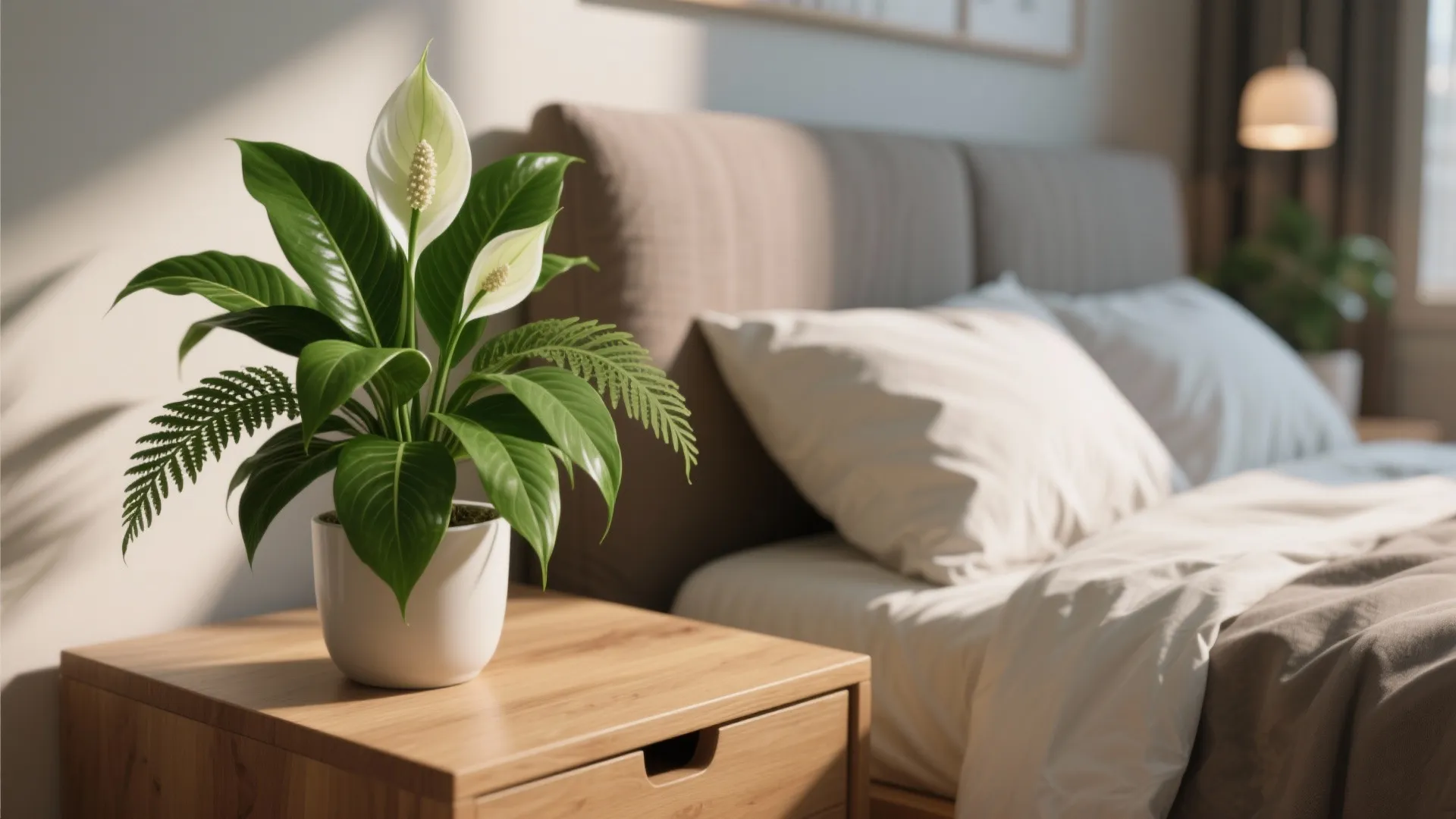 Potted green plant on wooden side table in a bright bedroom with soft morning sunlight