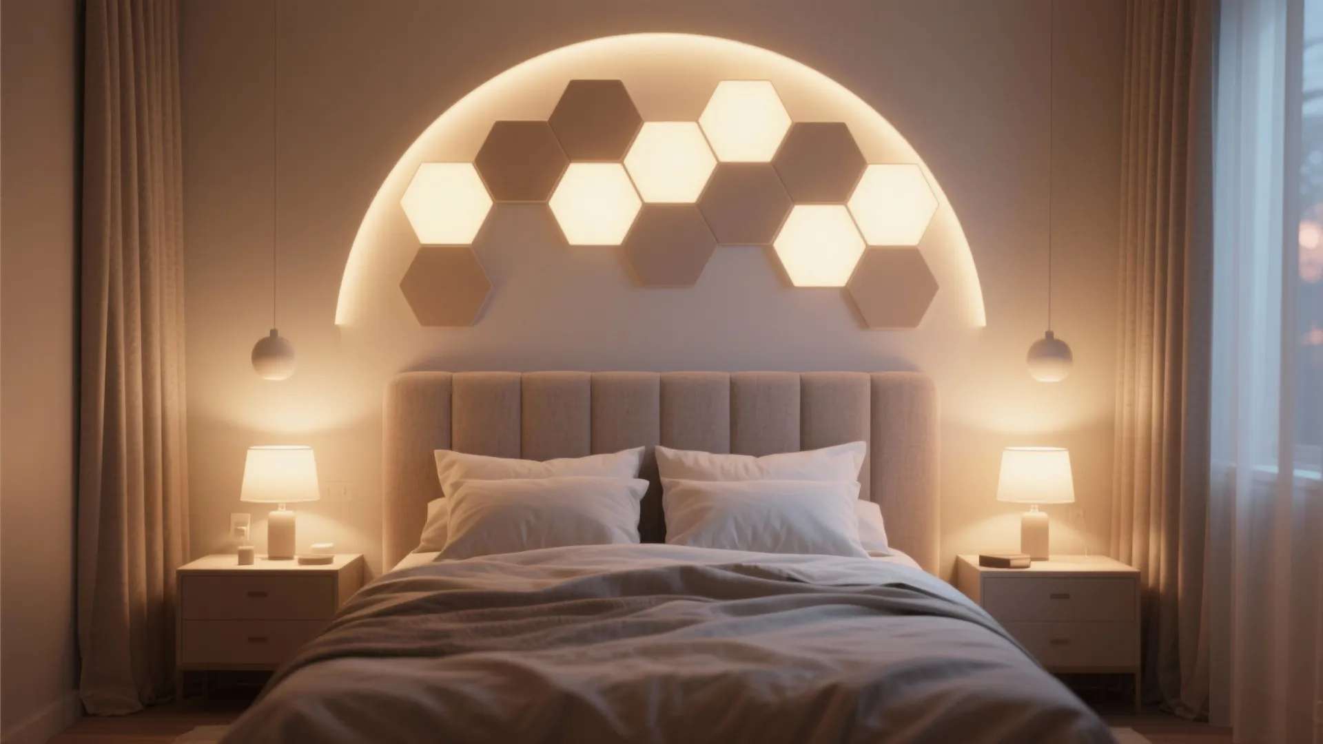 Bedroom with a crescent halo of hexagon lights behind a fabric headboard, glowing warmly.