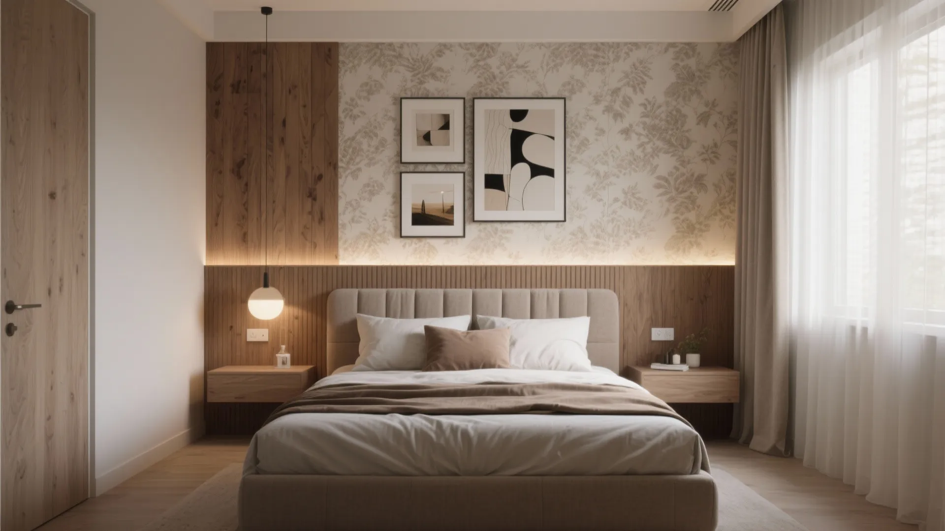 Minimalist bedroom featuring wood wall paneling and floral wallpaper behind a beige upholstered bed