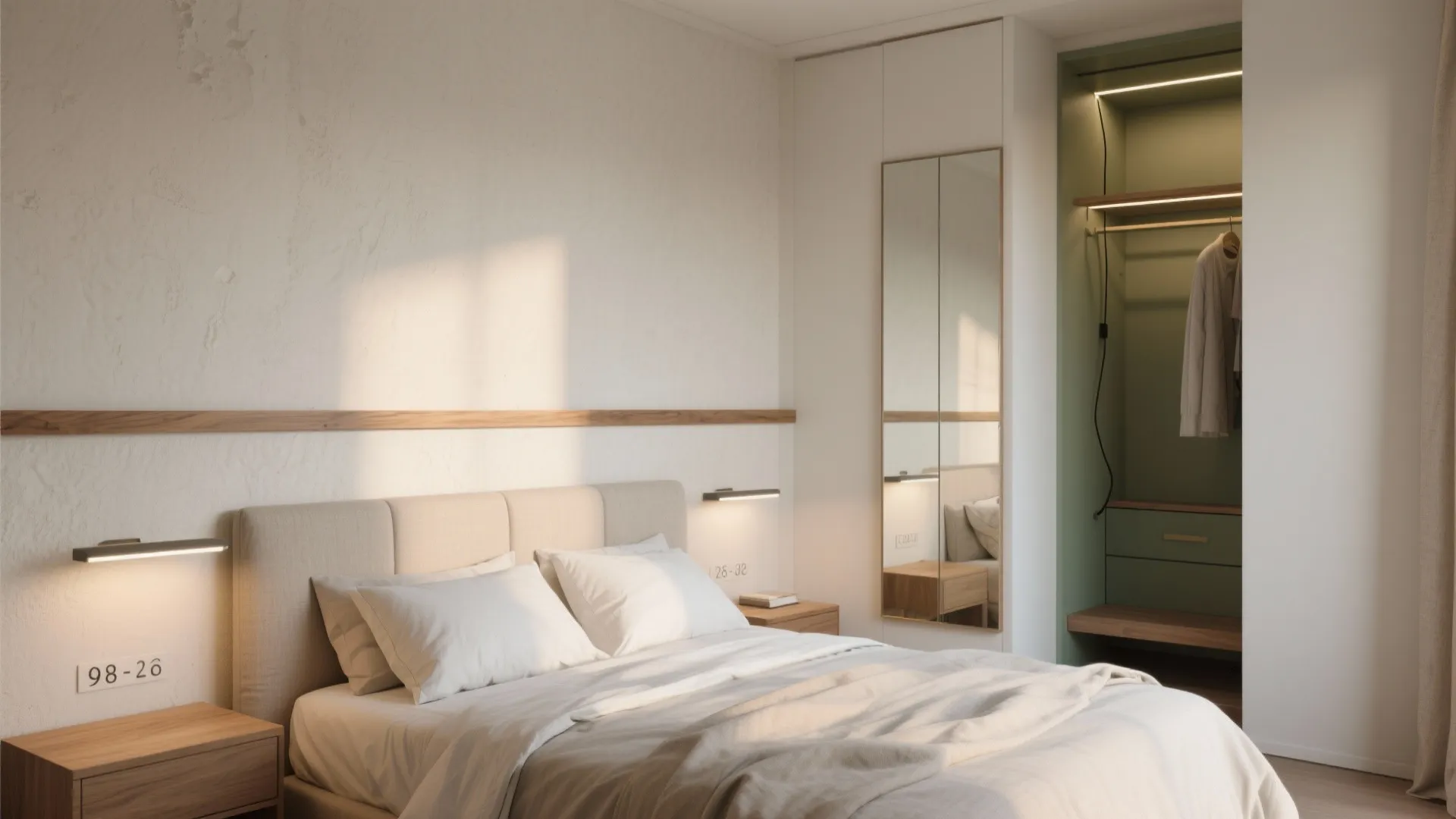 Modern bedroom with light grey bed wooden bedside tables wall lights and built in open closet