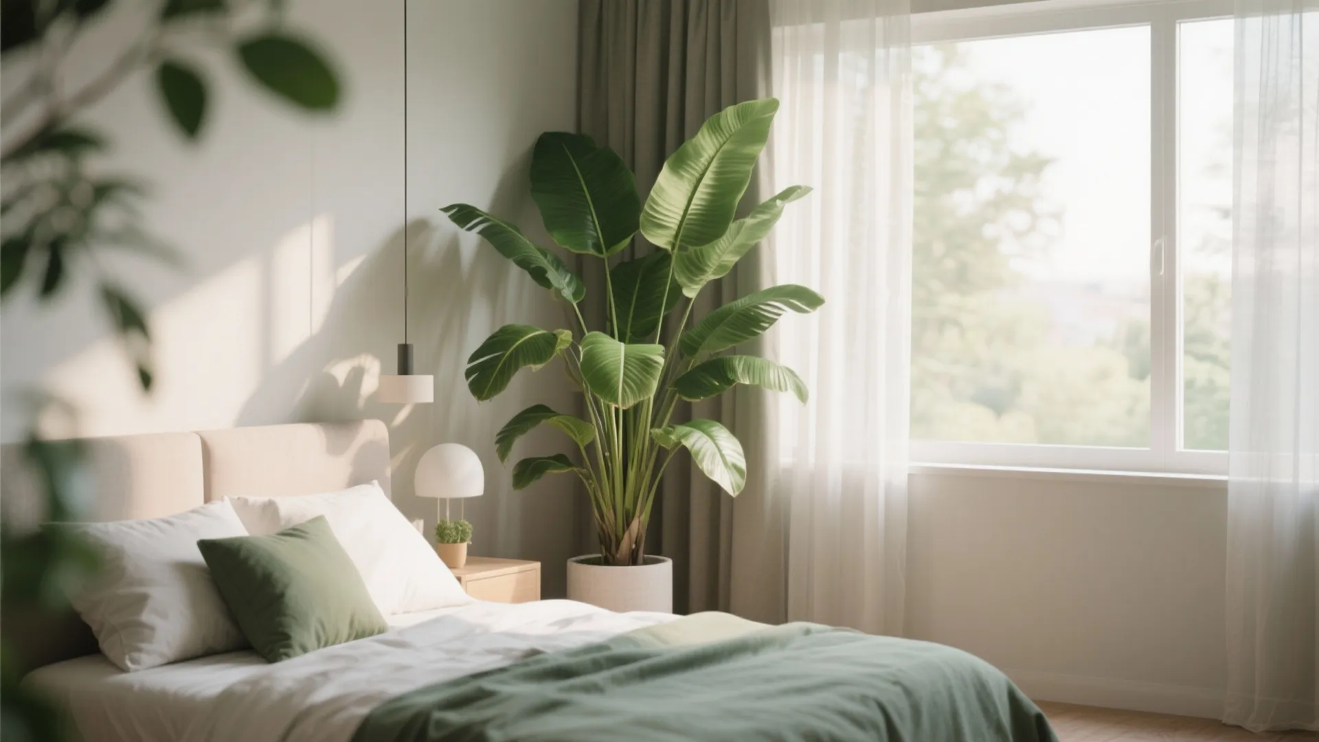 Bright bedroom interior with large green indoor plant near window white bed and soft sunlight