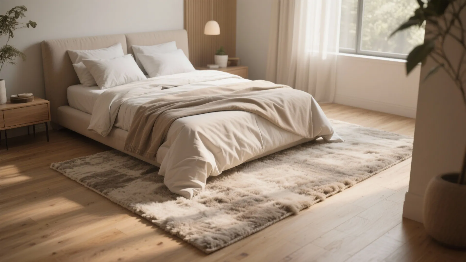 Modern bedroom with large textured rug under a bed with white bedding and wooden floors