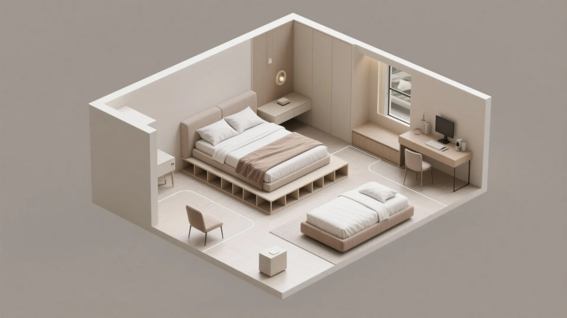 Top-down mockup of small square bedroom layouts showing bed positions and furniture options.