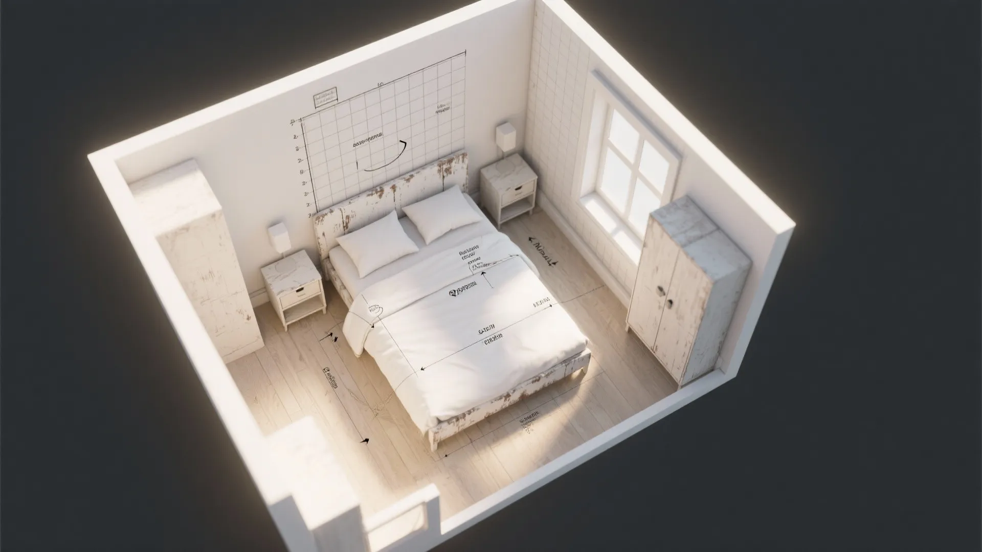 Top-down small bedroom layout mockup showing bed clearance and circulation