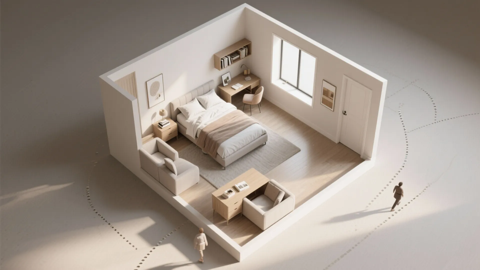 Modern 3D bedroom floor plan showing a bed desk wooden floor and small seating area