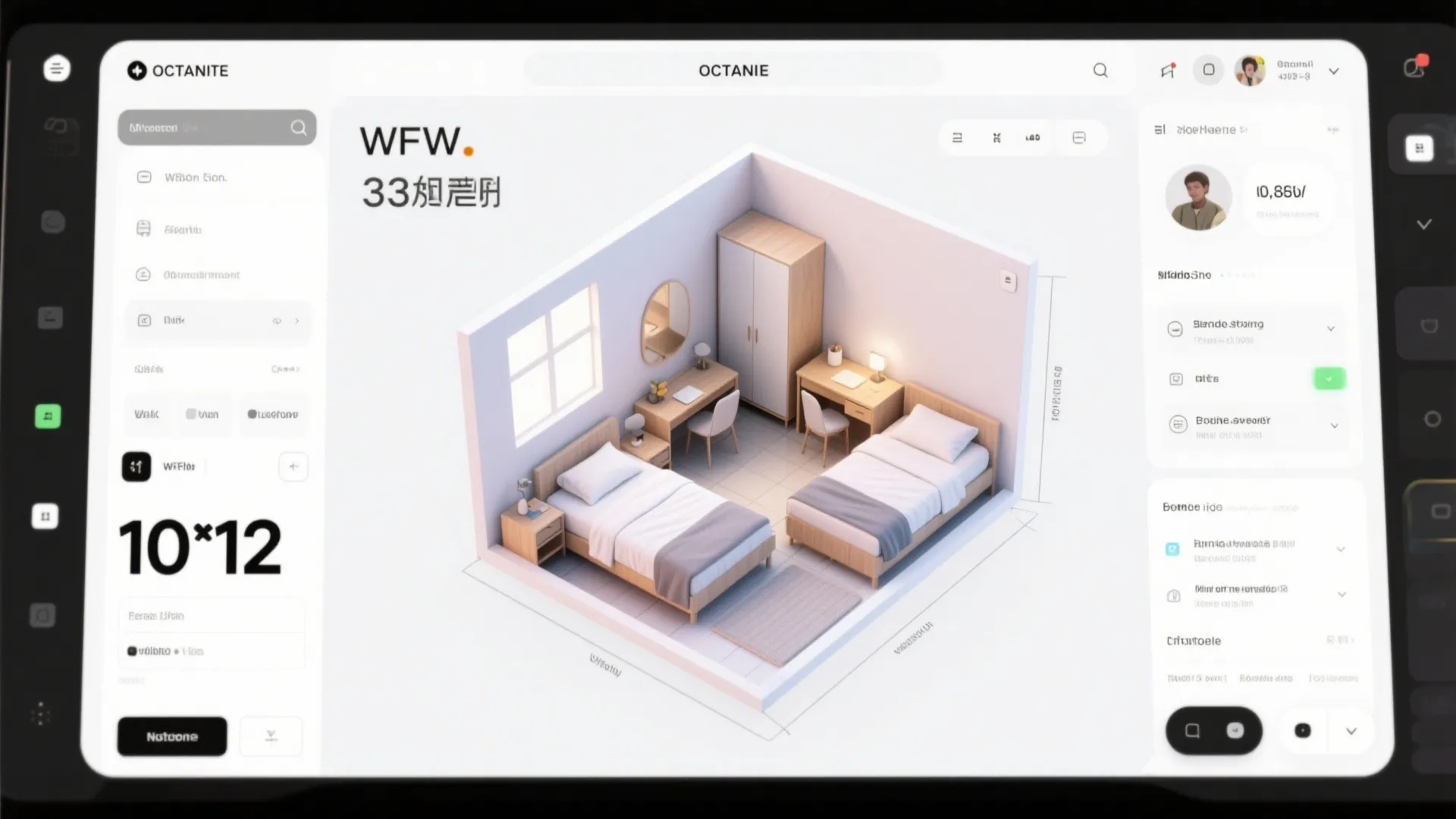 Interior design software interface showing a small bedroom layout with two beds and two desks