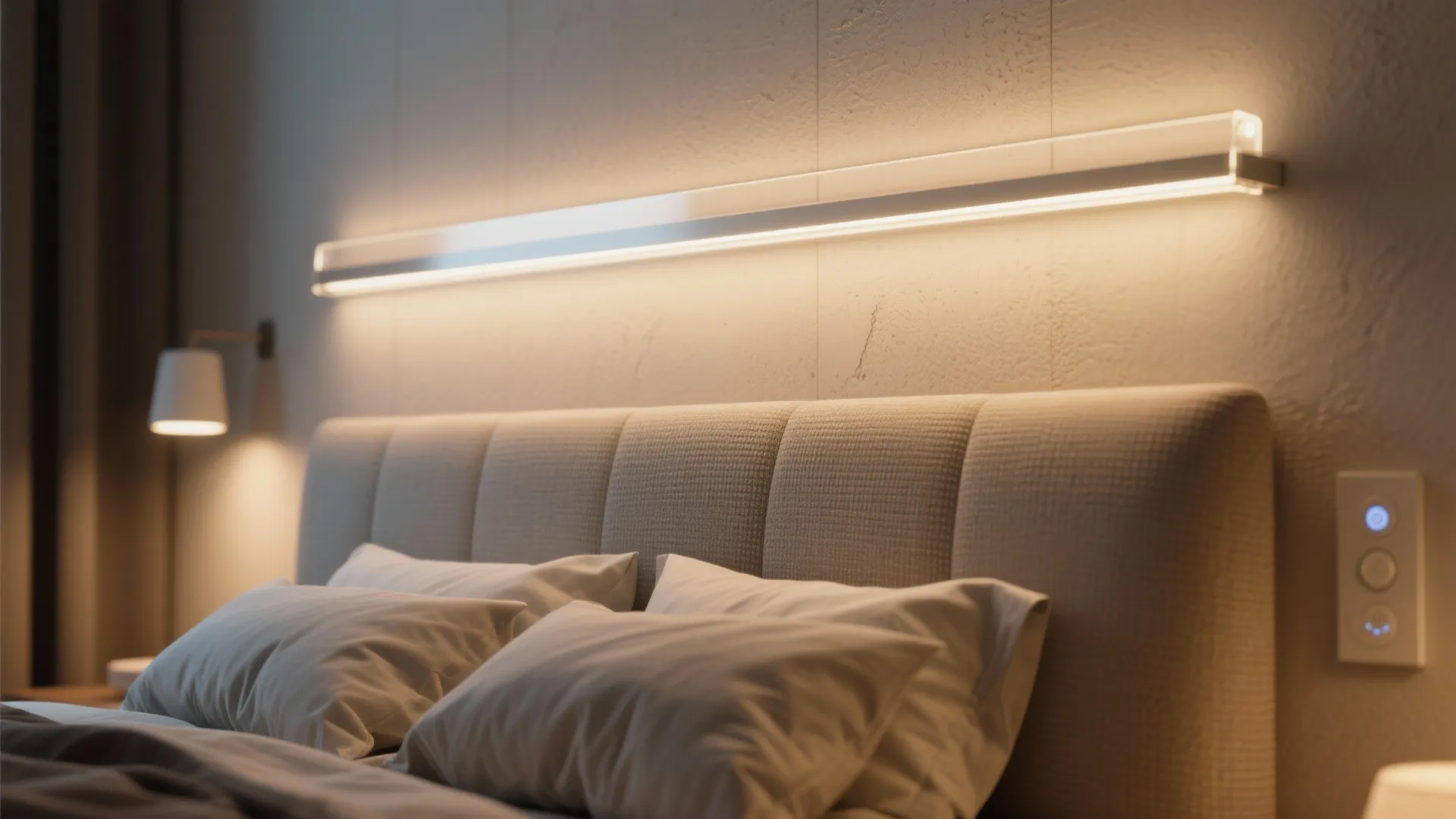 1. Horizontal strip above the bed for soft ambient glow