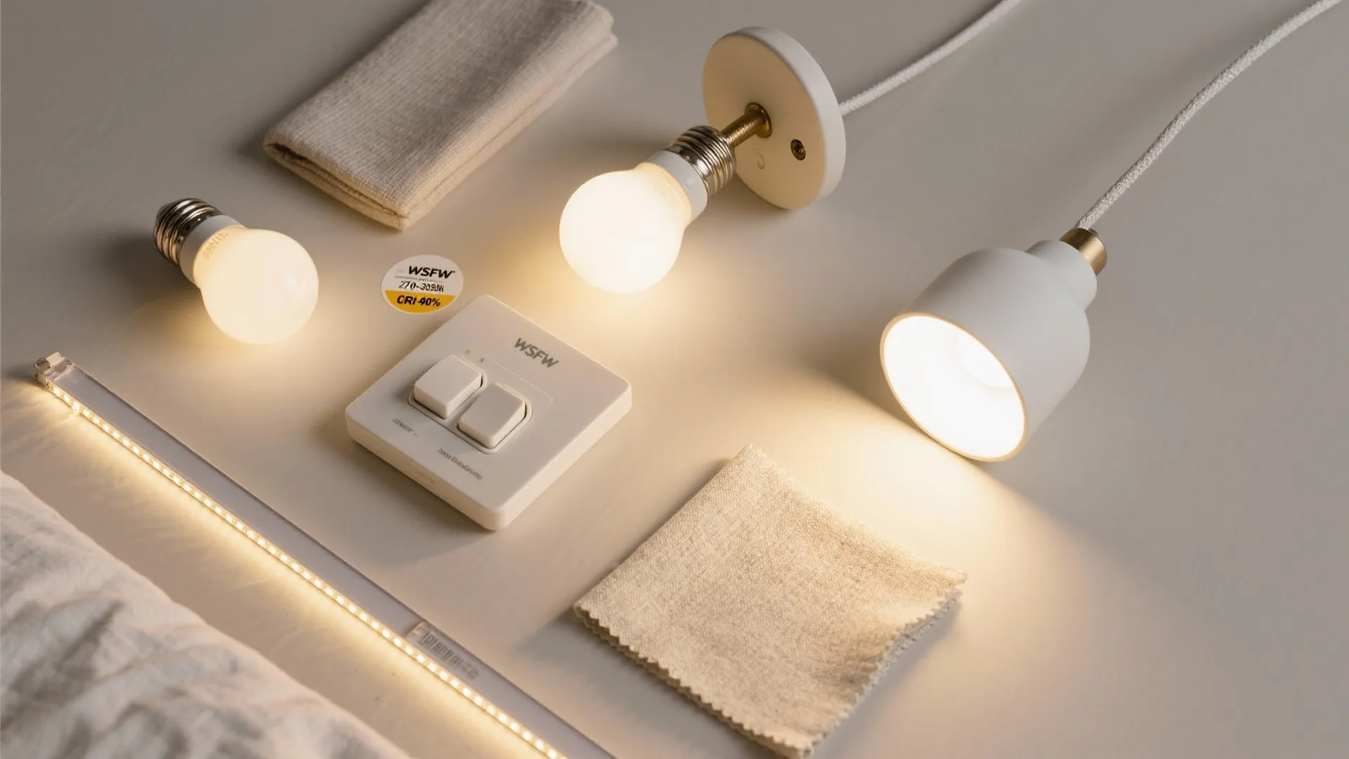 Flatlay of dimmer, warm LED bulbs, high-CRI label, hardware, and diffuser for bedroom wall lighting.