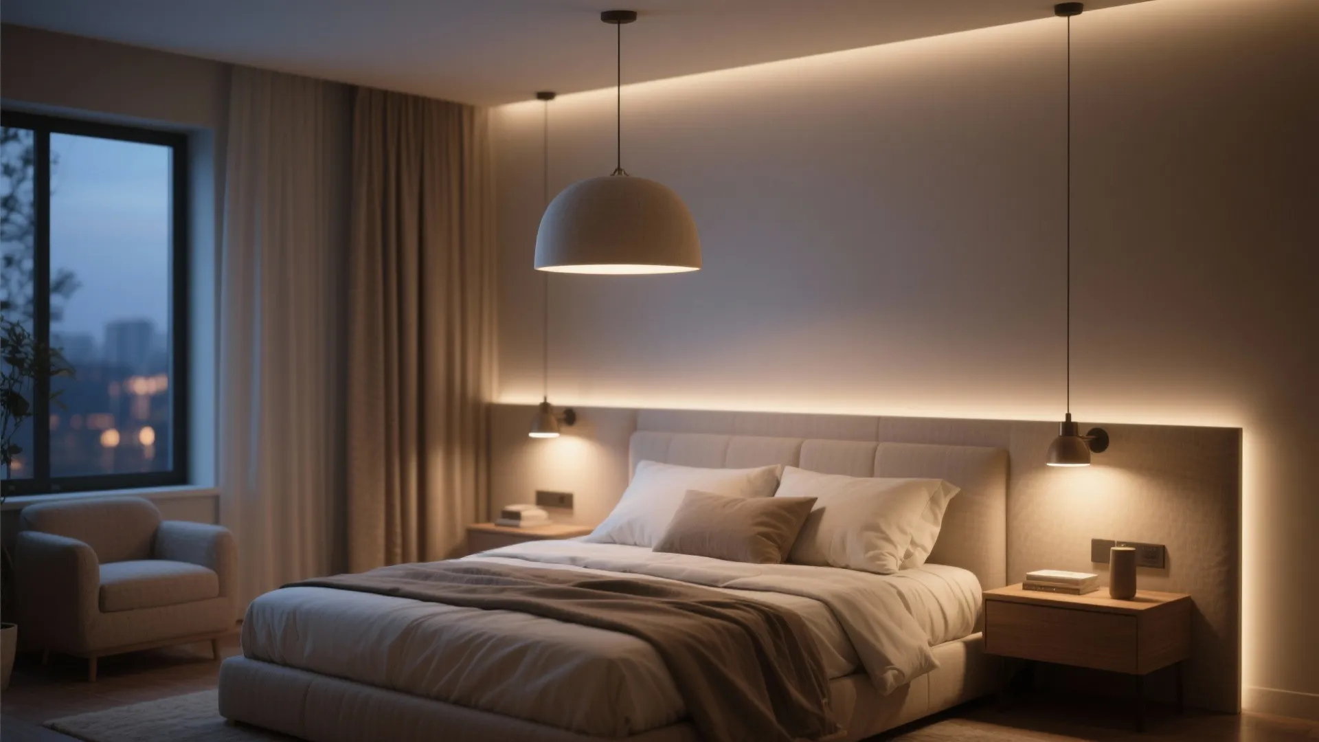 Warm bedroom lighting design with large ceiling light, bedside wall lights, and glowing hidden strips