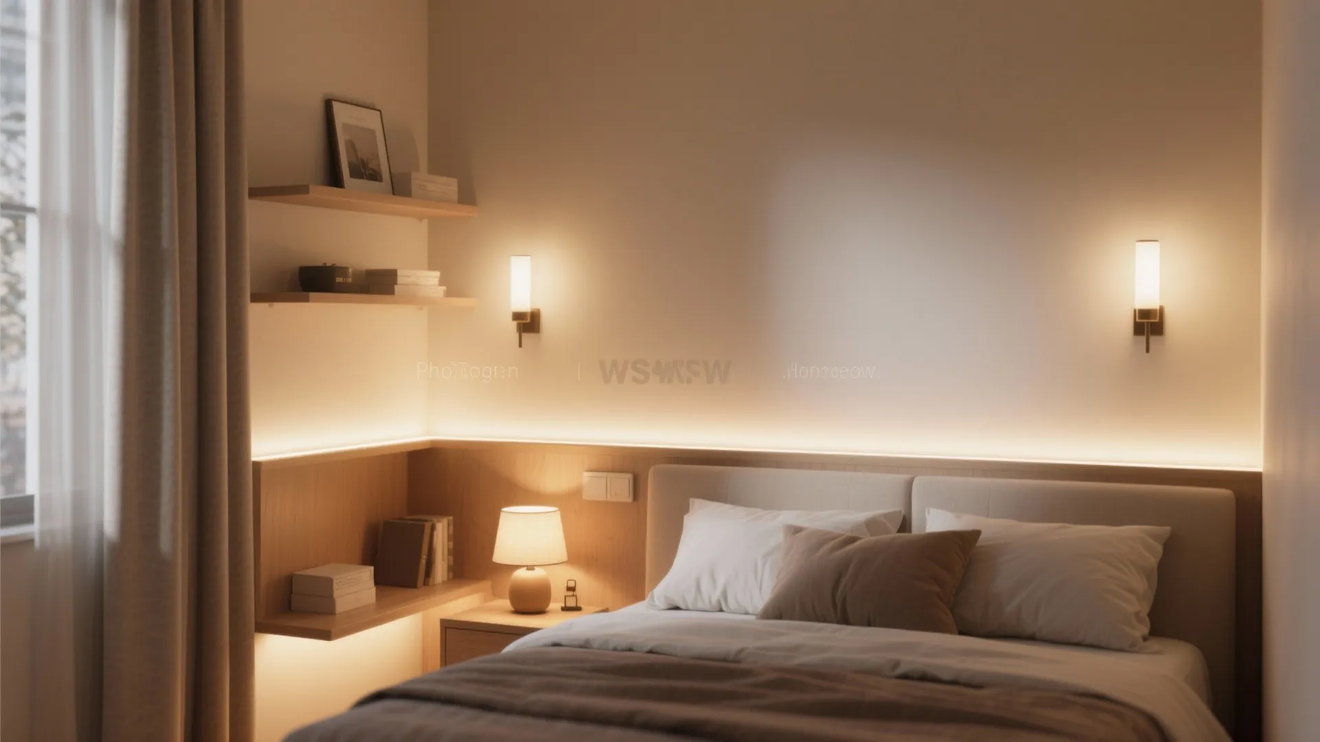 Cozy bedroom with warm wall light fixtures wooden shelves small table lamp and soft bedding
