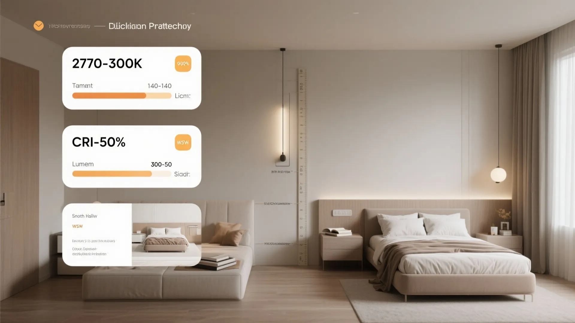 Top-down visual guide showing warm CCT, high CRI, mounting height, lumen tips, and wall wash example for bedrooms.