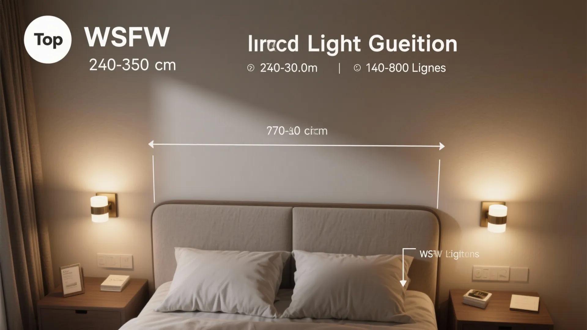Bedroom lighting guide showing measurements for wall lights placed above a headboard with white pillows