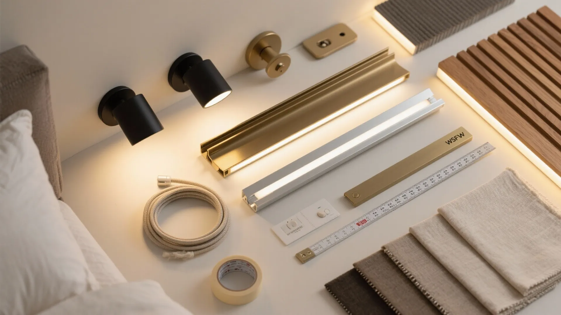 Flat lay of lighting materials including slim sconces, LED channels, fabric cords, dimmers, and textile swatches.