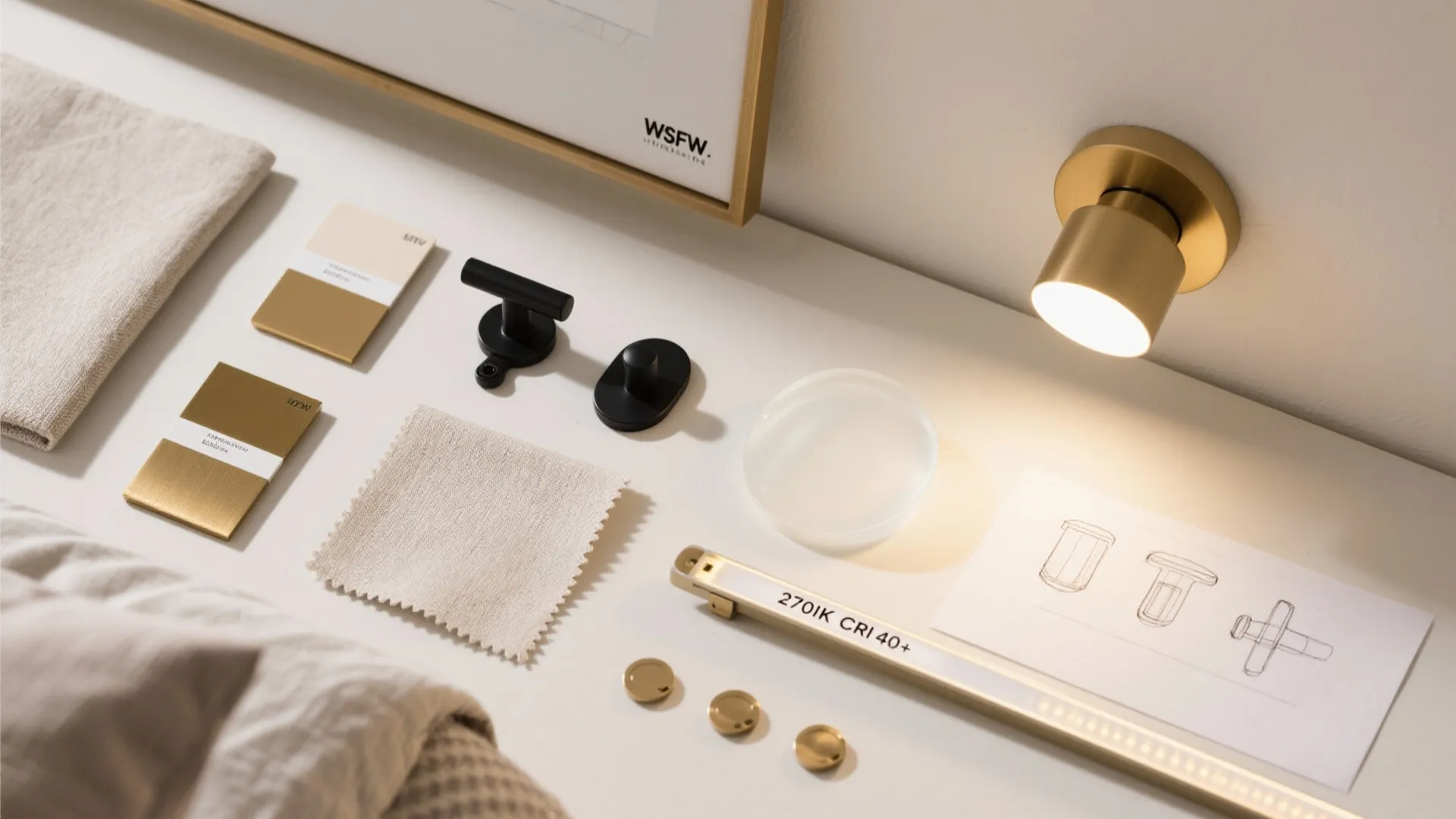 Flatlay of brass, opal glass, linen, matte black, and LED diffuser samples for bedroom lighting.