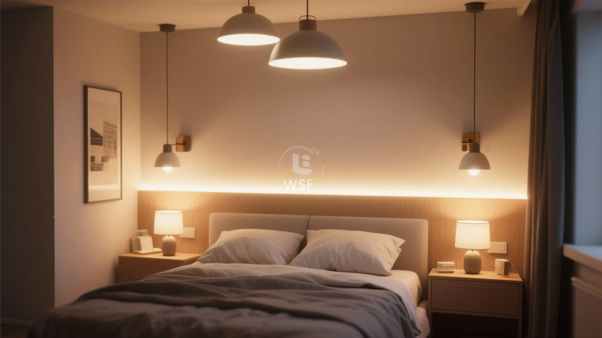 Small bedroom with pendant lights and LED headboard
