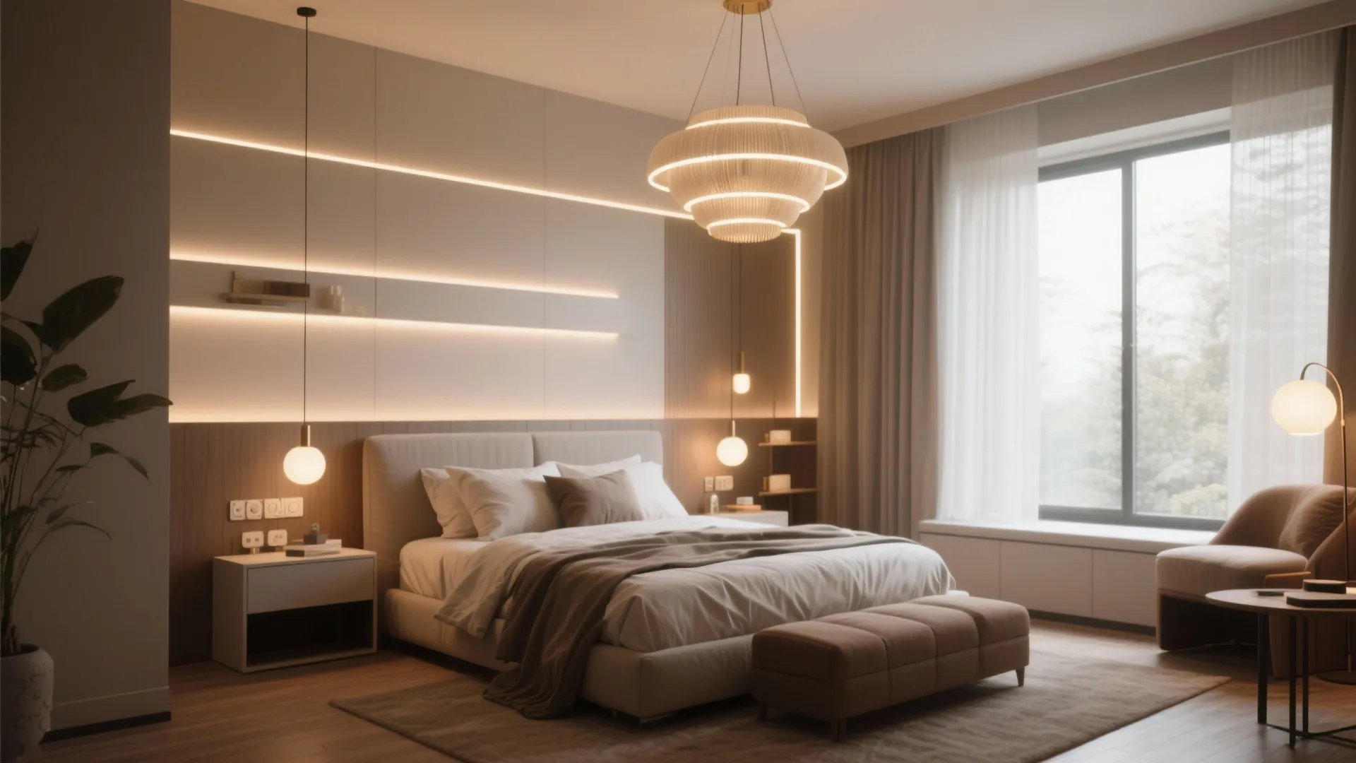 Luxury bedroom featuring wall light strips round ceiling light footrest and soft warm ambient lighting