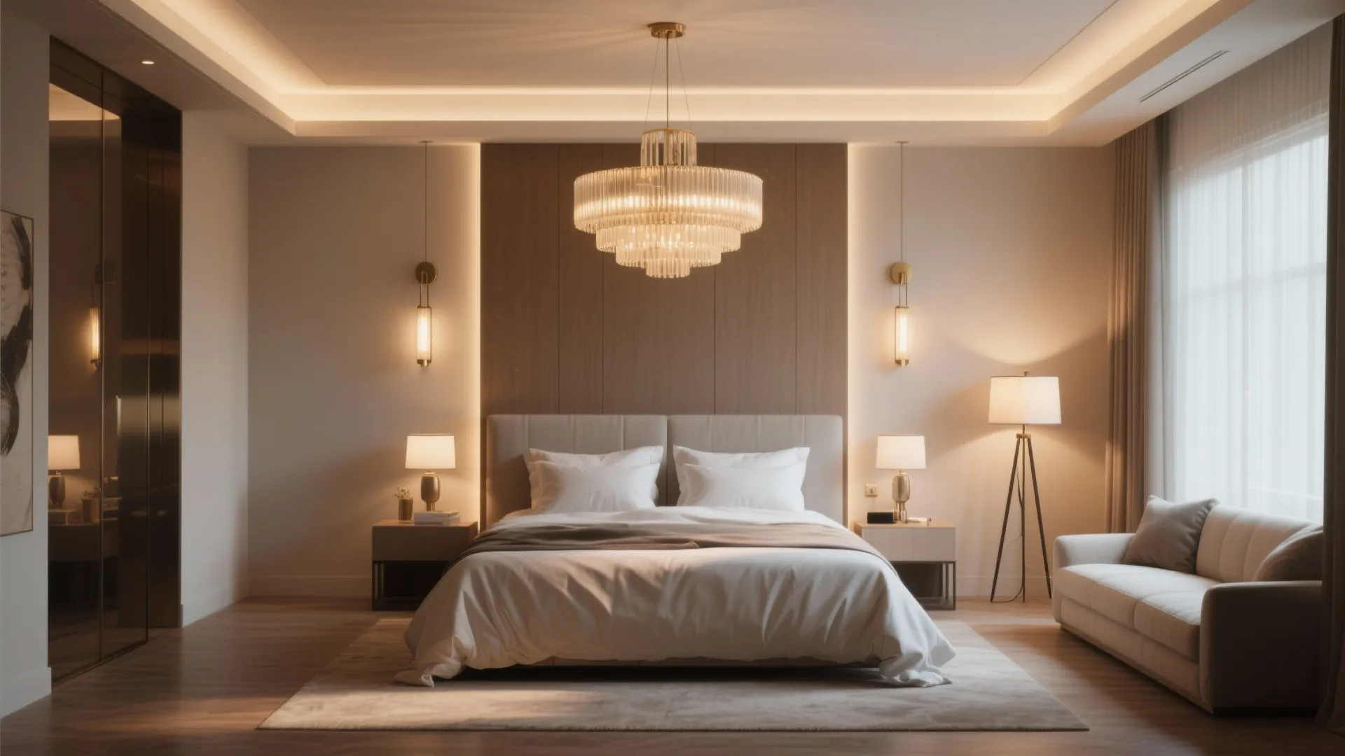 Luxury master bedroom with large ceiling light wall light floor lamp and warm hidden lighting