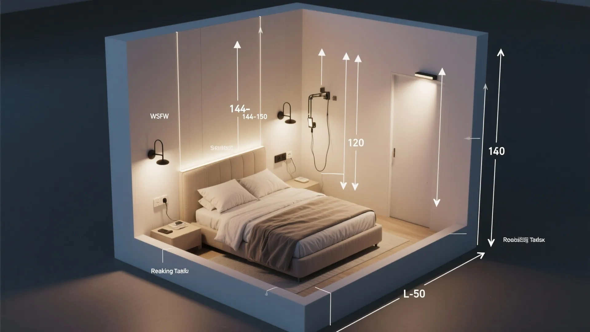 Top-down compact bedroom layout illustrating wall light positions and backlit headboard glow.