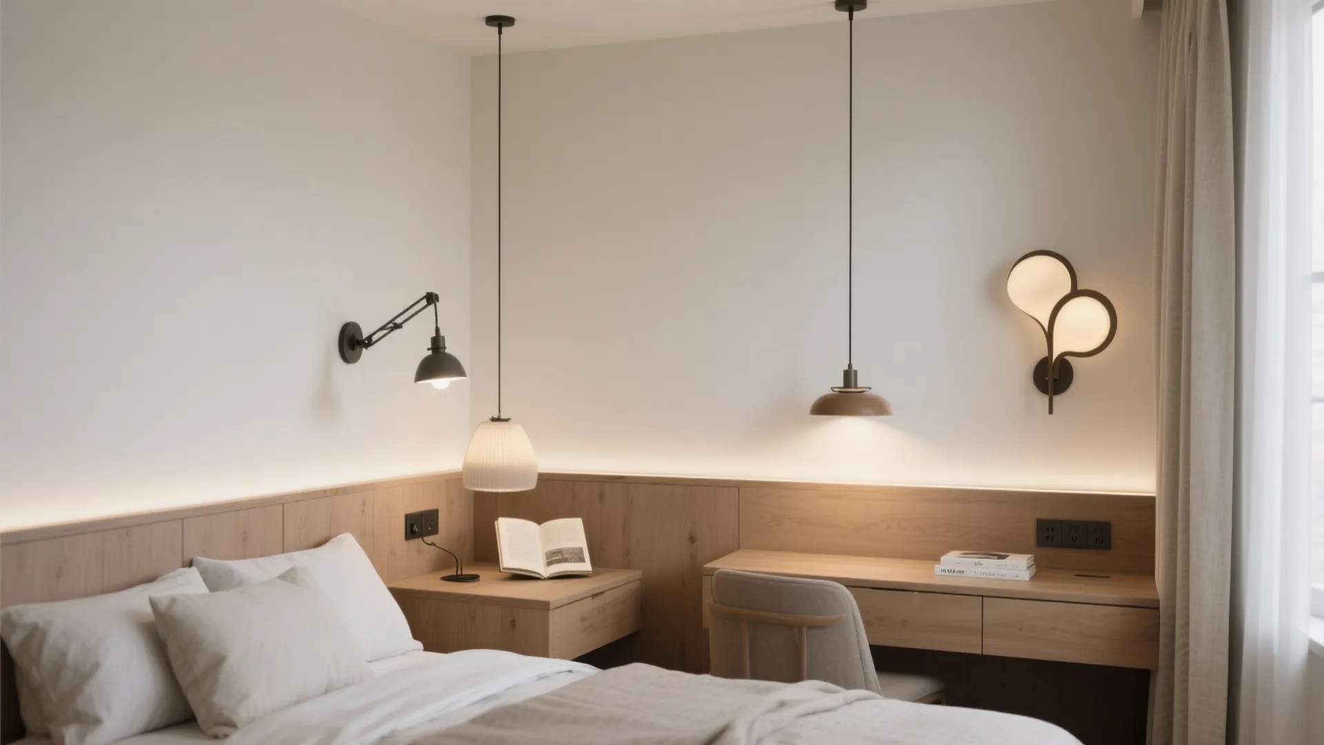 Compact bedroom showcasing pendants, sconces, and diffused shades in layered lighting.