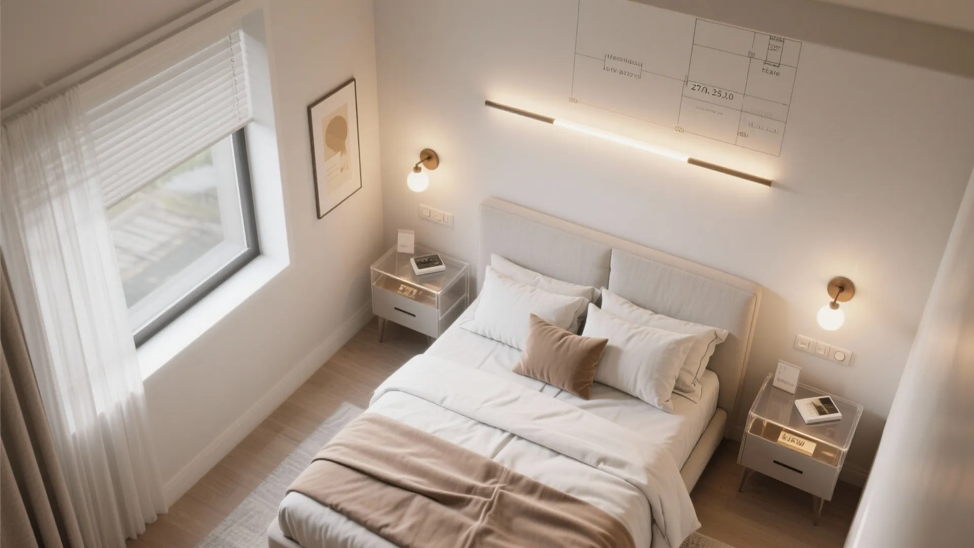 Top-down lighting plan layering task, ambient, and accent light in a small bedroom.