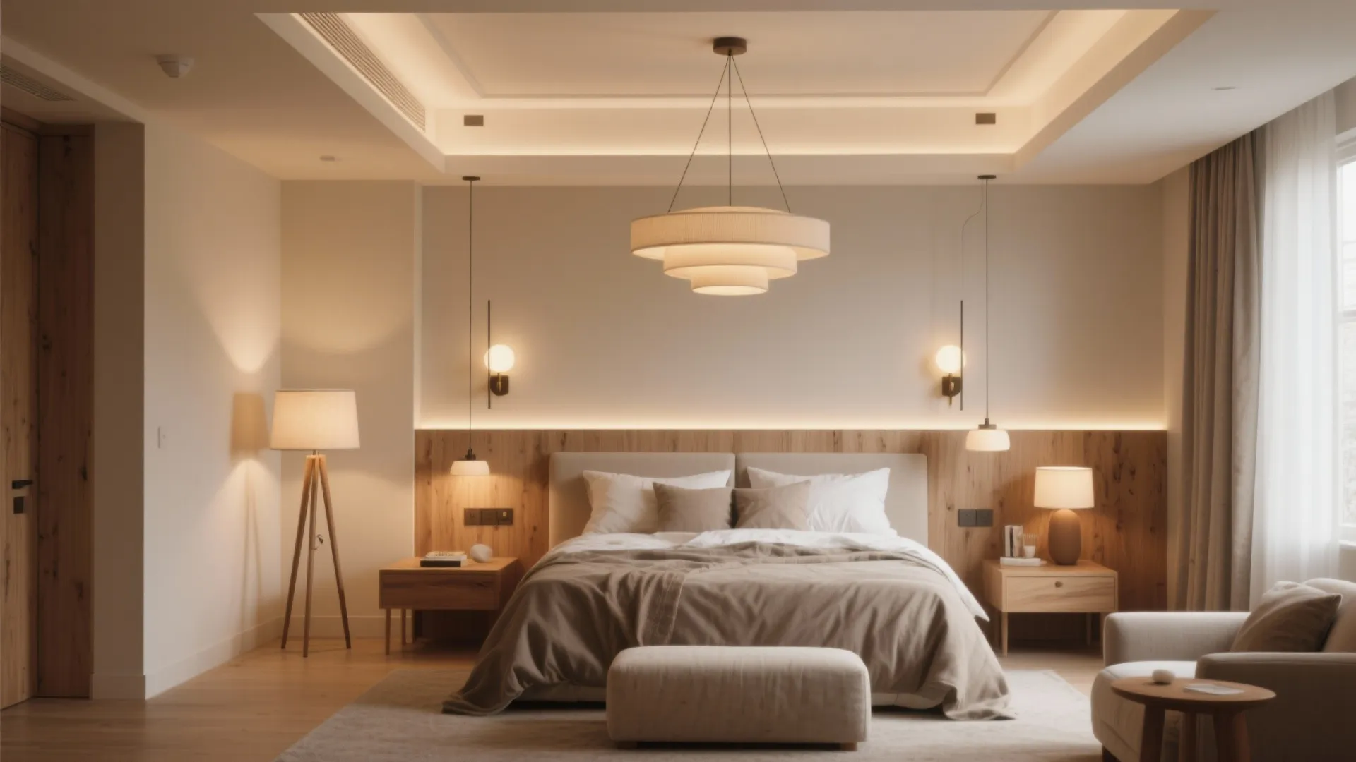 Spacious modern bedroom with a large ceiling light wood wall paneling and a soft footrest