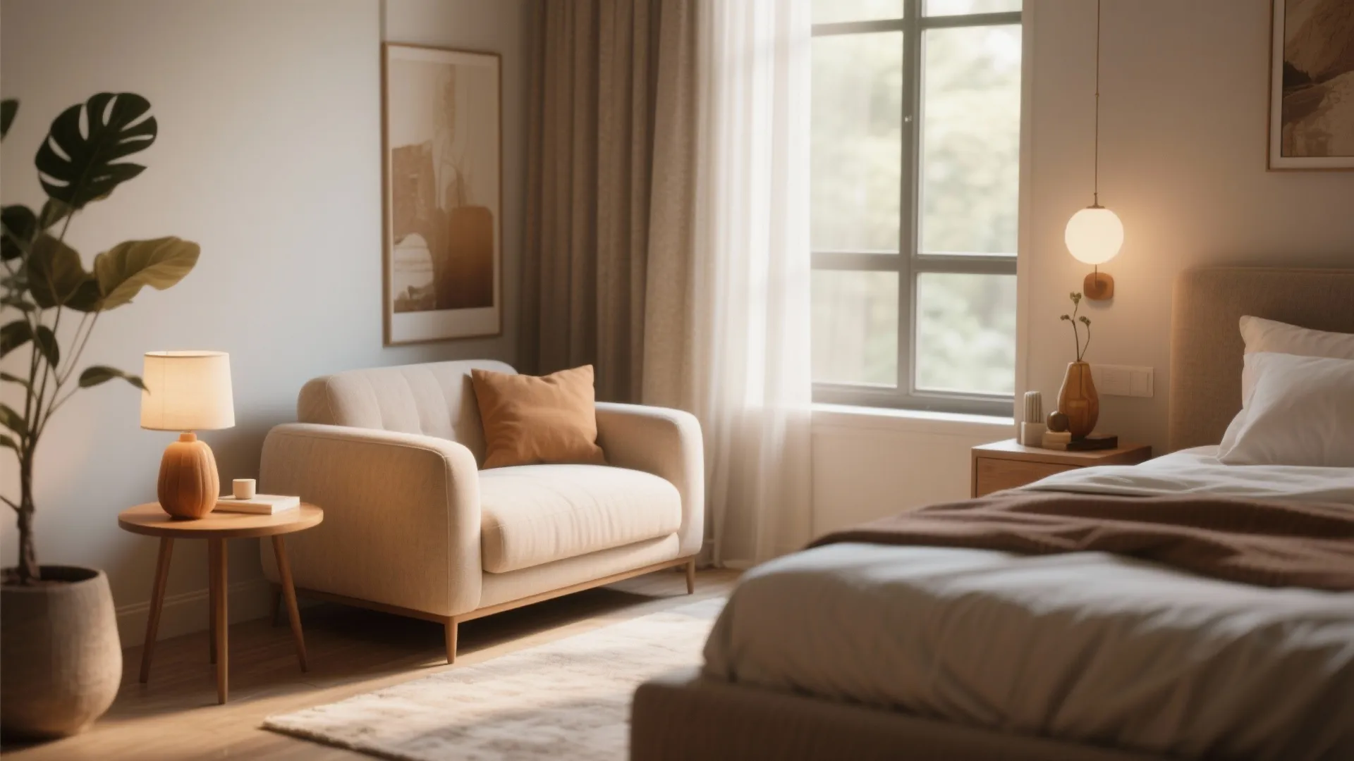 Cozy bedroom lounge area with cream sofa, wooden side table, table lamp, and large window