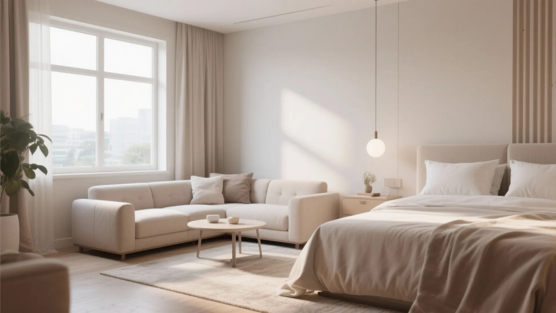 Modern open layout bedroom and lounge area with beige sofa coffee table and bright natural light