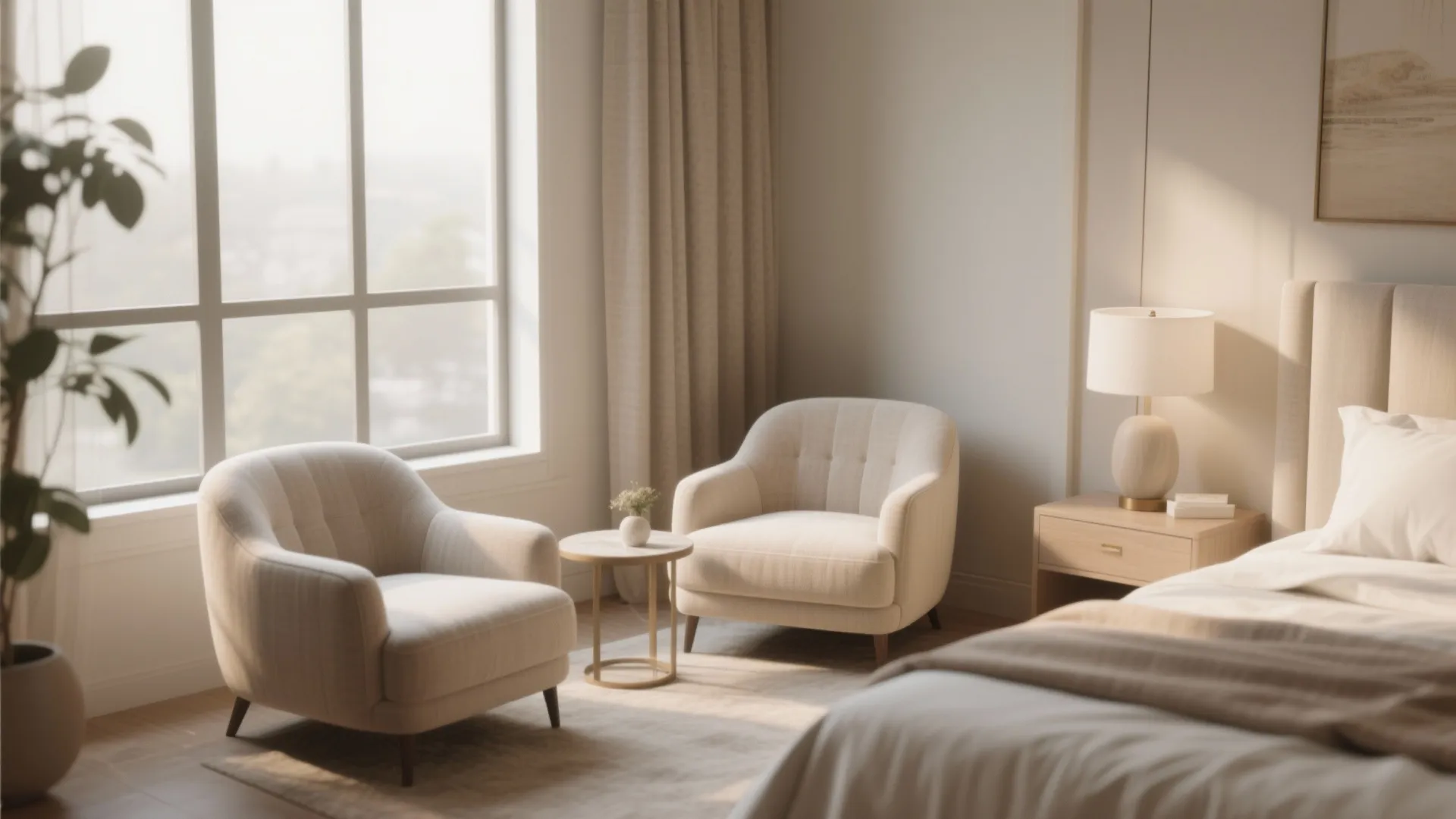 Cozy bedroom corner with two cream chairs small round table and large bright window lighting