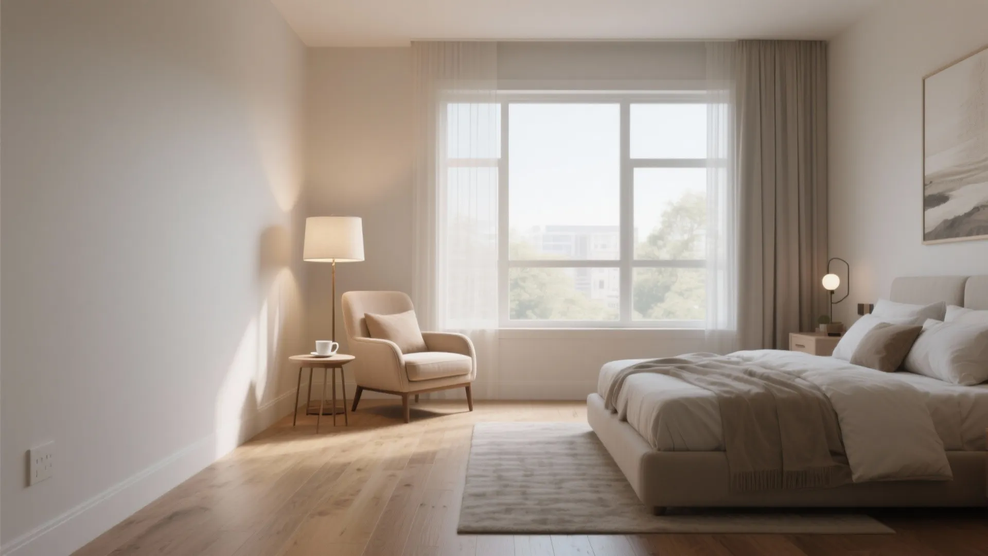 Lounge corner in bedroom with armchair and floor lamp by window